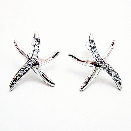 Sterling Silver Starfish and CZ Post-style Earrings - Click Image to Close